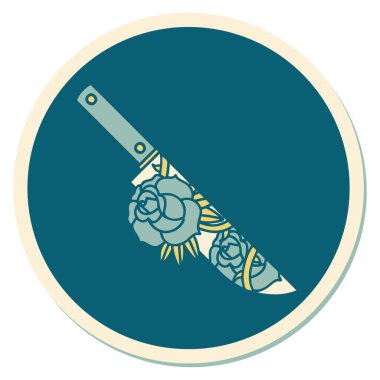 Geleneksel bir hançer ve çiçek stili dövme çıkartması.