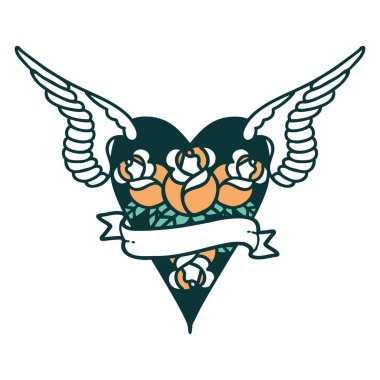 Çiçek ve bayrak taşıyan uçan bir kalbin ikonik dövme görüntüsü