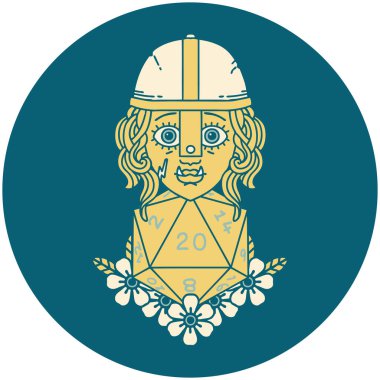 Retro Dövme Biçimi Doğal yirmilik zarlı yarı ork savaşçı karakteri