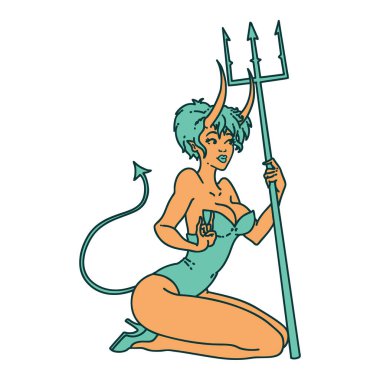 İkonik dövme stili Pinup şeytan kız imajı