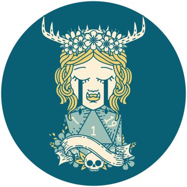 Retro Dövme Tarzı Ağlayan Ork Druid karakteri yüzü ve doğal bir D20 rulo