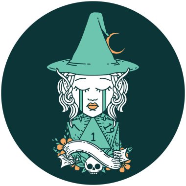 Ağlayan Elf Büyücüsü karakteri yüzü ve doğal bir D20 rulosu.