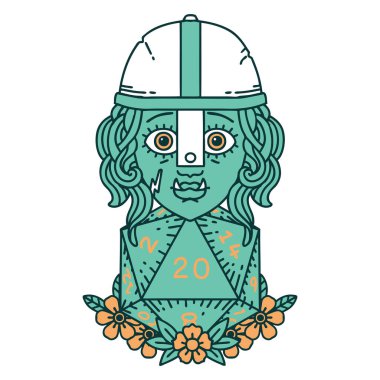 Retro Dövme Biçimi Doğal yirmilik zarlı yarı ork savaşçı karakteri