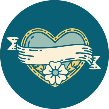 ikonik dövme stili bir kalp ve çiçekli pankart