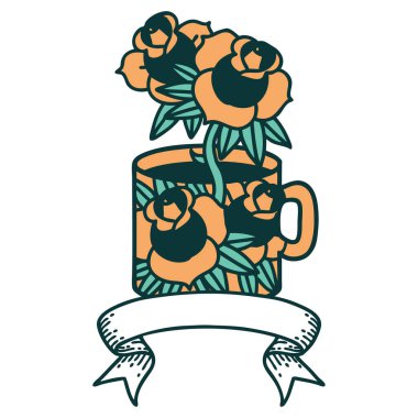 Geleneksel dövmeli, fincanlı ve çiçekli