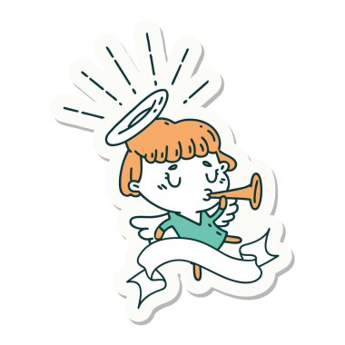 Trompet çalan dövme stili bir meleğin çıkartması.