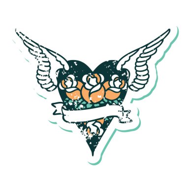 Çiçek ve bayrak taşıyan uçan bir kalbin ikonik kederli dövme görüntüsü