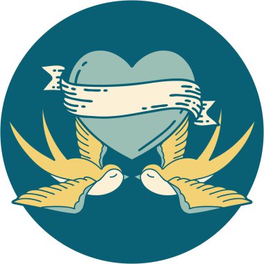 Kırlangıçların ikonik dövme şekli ve sancaklı bir kalp.