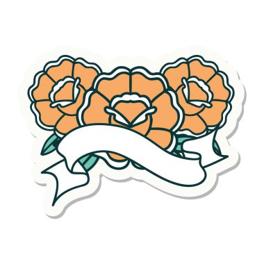 Bir buket çiçeğin pankartıyla dövme stili çıkartması