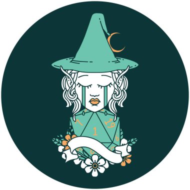 Ağlayan Elf Büyücüsü karakteri yüzü ve doğal bir D20 rulosu.