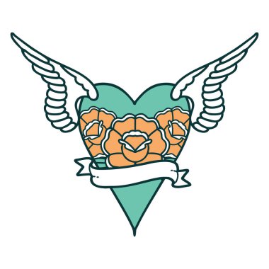 Kanatları ve bayrağı olan bir kalbin ikonik dövme görüntüsü