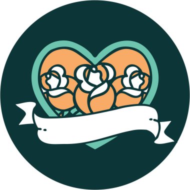 ikonik dövme stili bir kalp ve çiçekli pankart