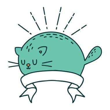 Dövme stili mutlu kedili parşömen.