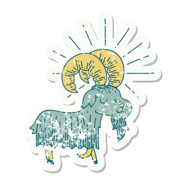 Dövme stili eski bir çıkartma. Mutlu keçi.