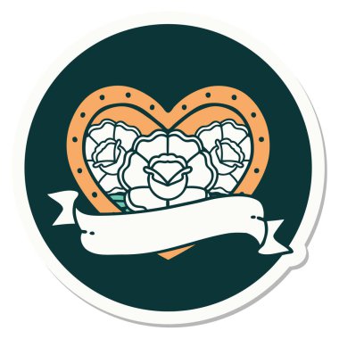 Geleneksel kalp stili dövme çıkartması ve çiçekli pankart.