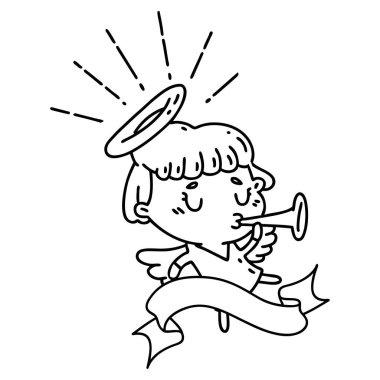 Siyah çizgili parşömen dövmeli melek trompeti üflüyor.