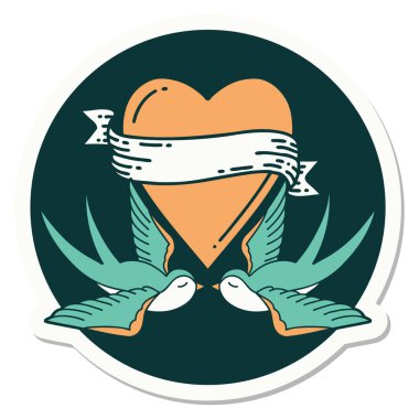 Geleneksel kırlangıç stili dövme çıkartması ve sancaklı bir kalp