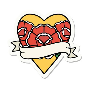 Geleneksel kalp stili dövme çıkartması ve çiçekli pankart.