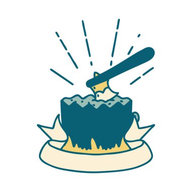 Ağaç kütüğünde dövme stili baltası olan kaydırma pankartı