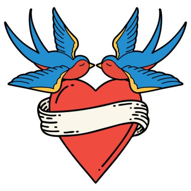 Geleneksel kırlangıç stilinde dövme ve sancaklı bir kalp.