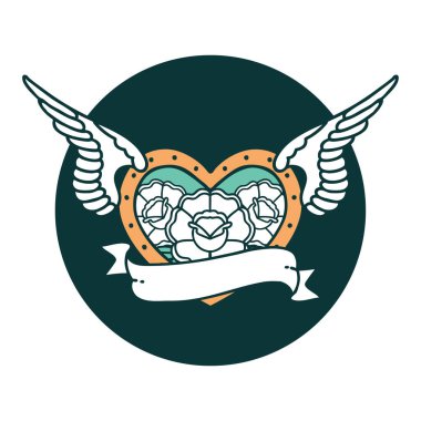 Çiçek ve bayrak taşıyan uçan bir kalbin ikonik dövme görüntüsü