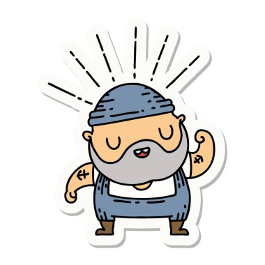 Dövme stili sakallı bir adamın çıkartması pazılarını esnetiyor.