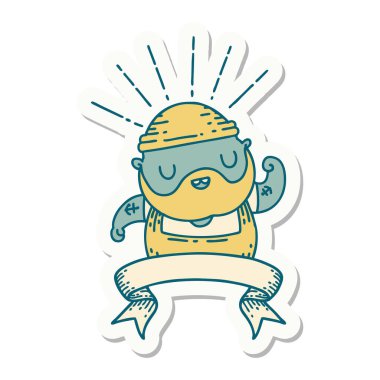 Dövme stili sakallı bir adamın çıkartması pazılarını esnetiyor.