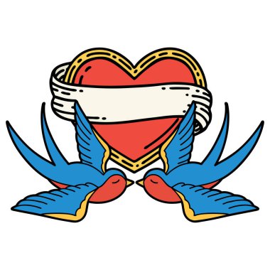 Geleneksel kırlangıç stilinde dövme ve sancaklı bir kalp.