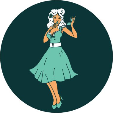 İkonik dövme stili. Şaşırmış bir kızın resmi.