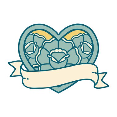 ikonik dövme stili bir kalp ve çiçekli pankart