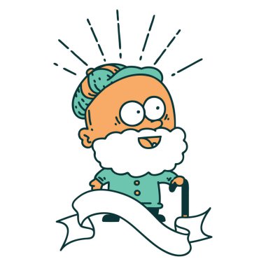 Dövme stili afiş. Bastonlu mutlu yaşlı adam.