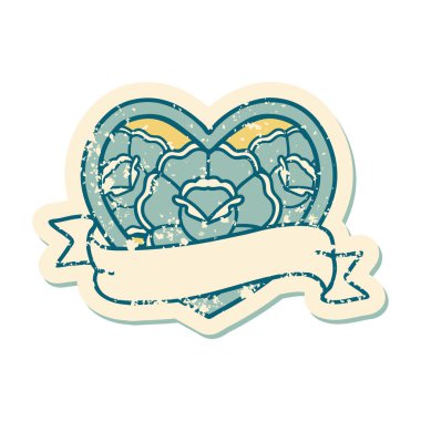 ikonik sıkıntılı dövme stili bir kalp ve çiçekli pankart