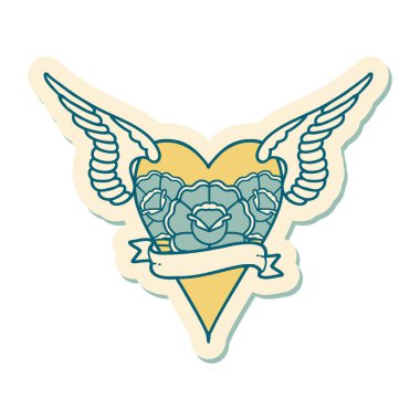 Dövme çıkartması geleneksel stil bir kalp kanatları ve bayrağı ile