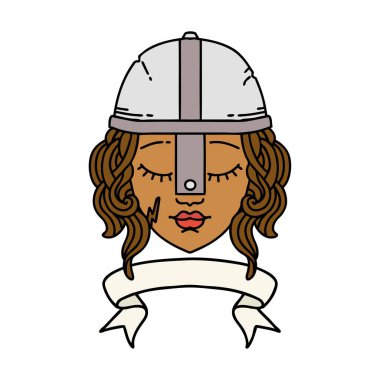 Retro Dövme Tarzı İnsan Savaşçı Karakteri Parşömen Sancağıyla