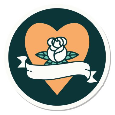 Dövme çıkartması geleneksel tarz bir kalp gülü ve bayrağı 