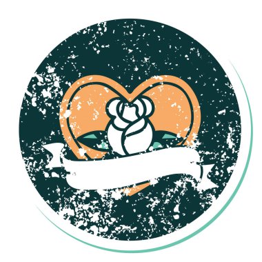 İkonik ıstıraplı dövme stili kalp gülü ve bayrağın görüntüsü 