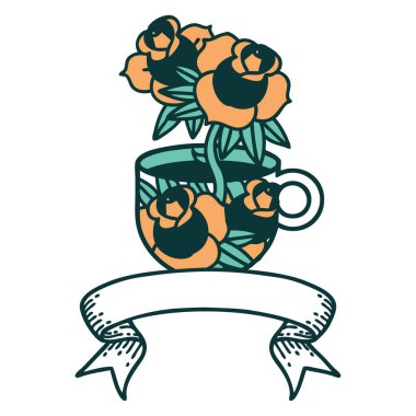 Geleneksel dövmeli, fincanlı ve çiçekli