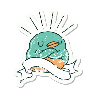 Eski bir dövme stili çıkartması katlanmış kanatlı Robin.