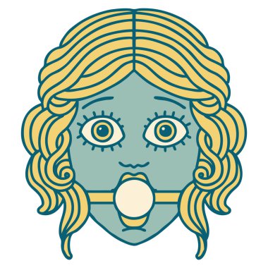 İkonik dövme stili. Kadın yüzü top şakası takıyor.