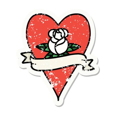 Üzüntülü etiket dövmesi geleneksel stil bir kalp gül ve bayrak 