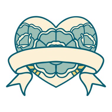 ikonik dövme stili bir kalp ve çiçekli pankart