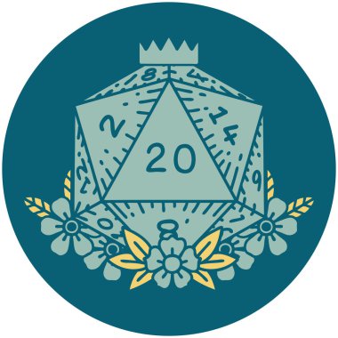 Retro Dövme Biçimi Doğal 20 D20 zarlar Çiçekli elementlerle yuvarlanır
