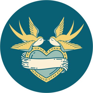 Kırlangıçların ikonik dövme şekli ve sancaklı bir kalp.