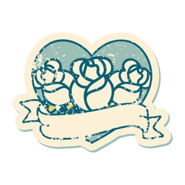 ikonik sıkıntılı dövme stili bir kalp ve çiçekli pankart