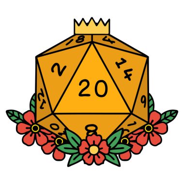 Retro Dövme Biçimi Doğal 20 D20 zarlar Çiçekli elementlerle yuvarlanır