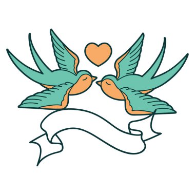 Kırlangıç dövmeli ve kalbi olan geleneksel bir dövme.