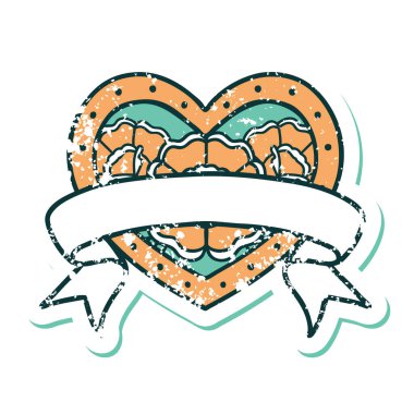 ikonik sıkıntılı dövme stili bir kalp ve çiçekli pankart