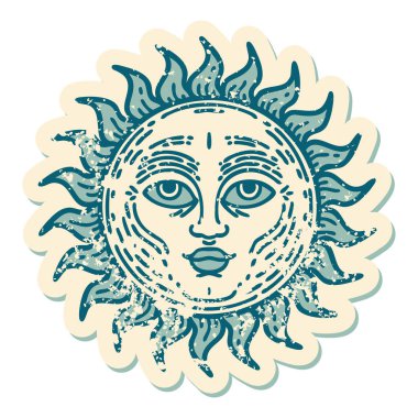 İkonik ıstıraplı dövme stili yüzü olan bir güneşin resmi