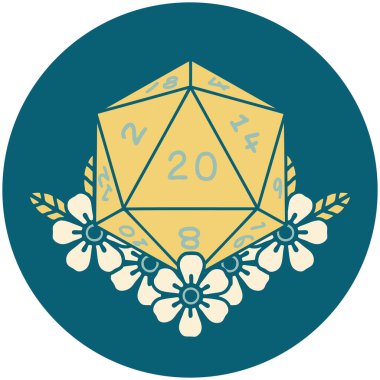 Retro Dövme Biçimi Doğal 20 D20 zarlar Çiçekli elementlerle yuvarlanır