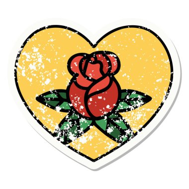 Geleneksel kalp ve çiçek stili dövmeli sıkıntılı etiket